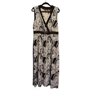 Elie McCarthry Women's Size 3X Midi Dress Plus Long V-neck Black White Paisley